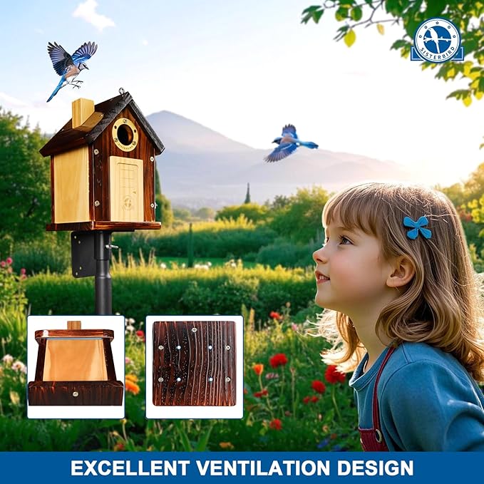 Bluebird Houses for Outside, Premium Bird Houses for Outside, Wooden Cabin Birdhouses for Outdoors, Weatherproof Courtyard Decorated Hanging Bird House, Nesting Bird House