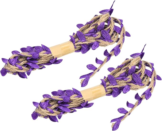 PATIKIL 6.6ft 5mm Burlap Leaf Ribbon, 2 Pack Braided Decoration Vine Natural Jute Rope Twine with Artificial Leaves for Jungle Wedding Party Home Garden Decor, Purple