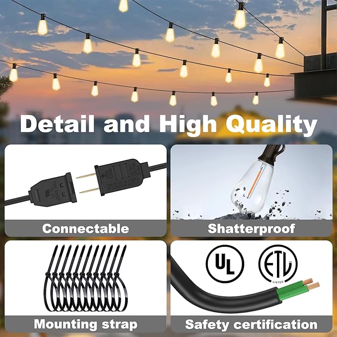 50FT Outdoor String Lights - 32+3 Bulbs (𝟏.𝟓𝐅𝐓 𝐁𝐮𝐥𝐛𝐬 𝐒𝐩𝐚𝐜𝐢𝐧𝐠) | Remote & Dimmer, 3 Light Modes & Timing, IP65 Waterproof, 50PC Mounting Ties for Patio/Outside/Commercial