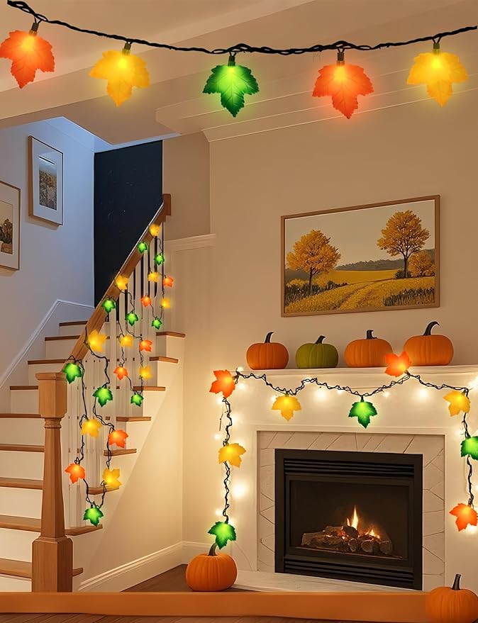 Fall Decorations Thanksgiving for Home, 8FT Halloween Decor Indoor Lights with 10 LED Maple Leaf, Connectable Novely Fairy String Lights Autumn Harvest Table Indoor Outdoor Decor Halloween Party Gifts