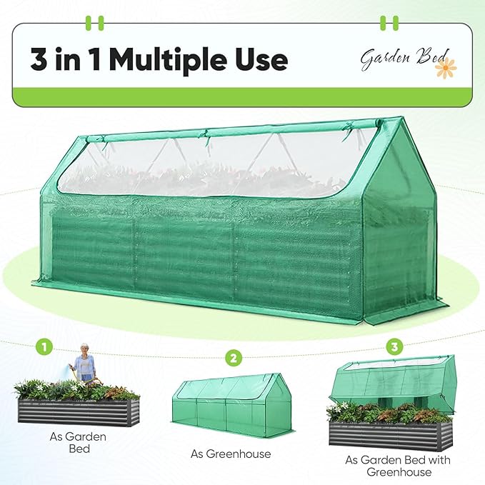 Quictent Raised Garden Bed Galvanized Raised Beds for Gardening Vegetables with Cover 8x4x2 ft Metal Planter Box Outdoor Use, Green