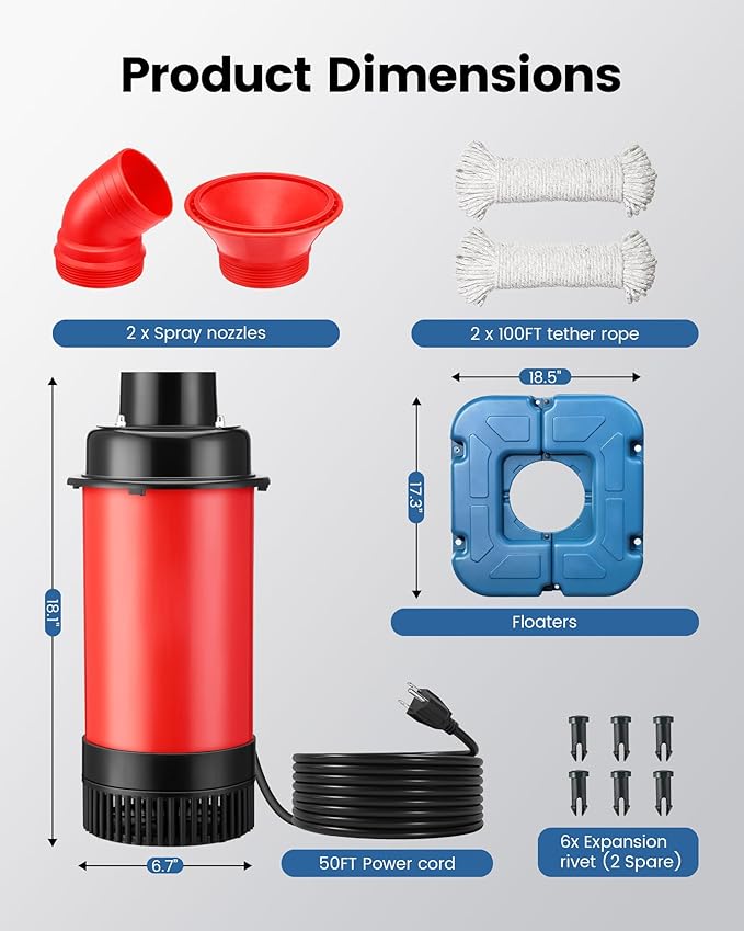 SURAIELEC Pond Fountain Aerator with Larger Floater, 1HP 15000 GPH Floating Aerating Pump for Outdoor Ponds, Lakes, 2 Nozzles for Fountain & Irrigation, 50 Ft Power Cord, Guide Ropes Included