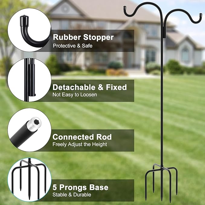 Gtongoko Double Shepherds Hook for Outdoor, 60 Inch Bird Feeder Pole with 5 Prongs Base, 5/8 Inch Thick Heavy Duty Adjustable Garden Hook for Hanging Plant, Lantern, Hummingbird Feeder, 1 Pack