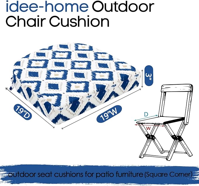 idee-home Outdoor Chair Cushions Set of 2, Thick 19" x 19" x 3" Outdoor Seat Cushions Patio Furniture Waterproof with Ties, Dining Pads