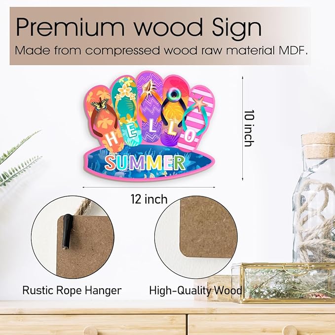 Summer Decor Welcome Door Sign Slippers Hanging Sign Summer Wall Decor Welcome Hello Flip Flop Door Sign Hello Summer Dopamine Decor Rustic Wood Hanging Plaque Yard Garden Decoration with Rope