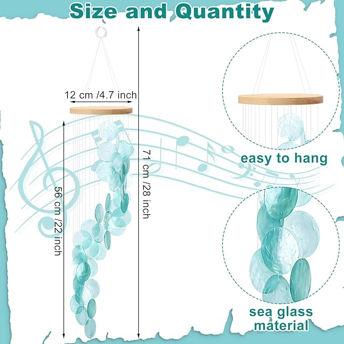 Wenqik Sea Glass Shell Wind Chimes for Outside Seaglass Capiz Windchime Spiral Wind Chimes for Women Beach Holiday Summer Gift Indoor Outdoor Home Housewarming Garden Decor(Blue)