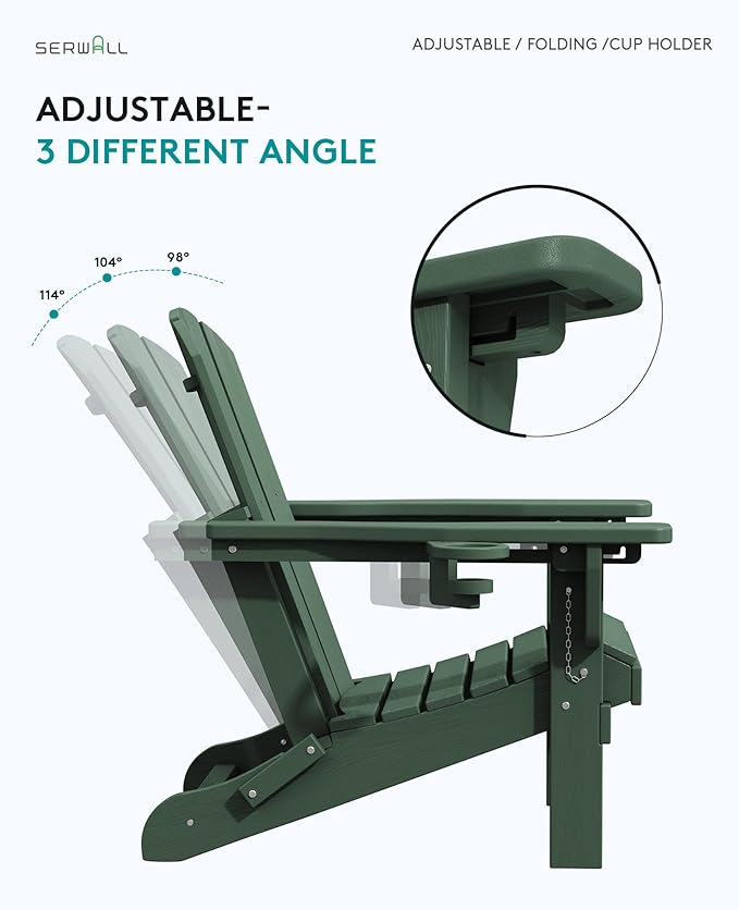 SERWALL Folding Adirondack Chair Set of 4, Reclining Adirondack Chair with 3 Recline Positions, All Weather HDPE Outdoor Adirondack, Green