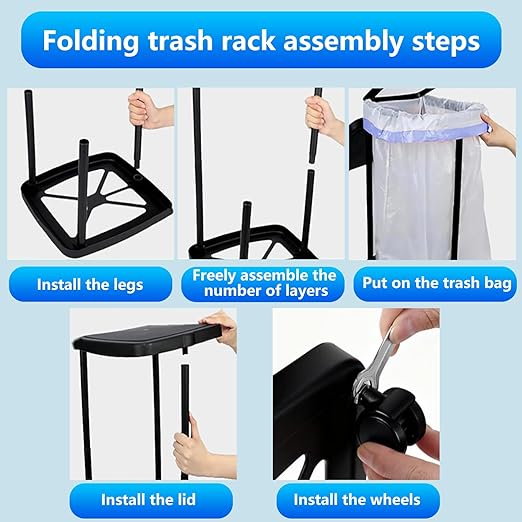 Foldable Trash Bag Holder with Cover and 4 Wheels - 3 Level Adjustable Height Plastic Trash Bag Holder,13 Gallon Trash can, for Kitchen Camping Yard RV Indoor Outdoor