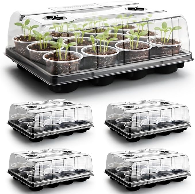 5 Pack 12 Cell Nursery Pot Trays with Adjustable Humidity Domes & 4 Inch Clear Pots 60 Pack, Sturdy Seed Starting Kit for Greenhouse Garden, Reusable Plant Growing Germination 5 Sets