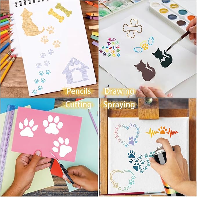 70pcs Small Paw Print Stencils for Painting on Wood Tiny Dog Cat Stencils and Patterns Animal Stencil Heart Template Paint Stencils on Art Craft Canvas Wall Fabric Rock(70 paw Print)