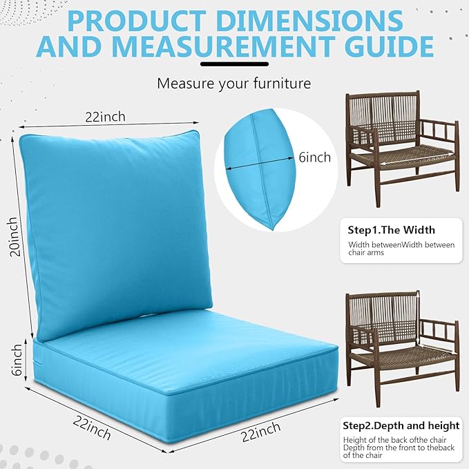 22" x 22" x 6" Outdoor Deep Seat Cushions Set - 2 Set Waterproof & Fade Resistant Patio Furniture Replacement Cushions, Non-Slip Outdoor Cushions Fit Loveseats, Couches, Chairs, Sofas.