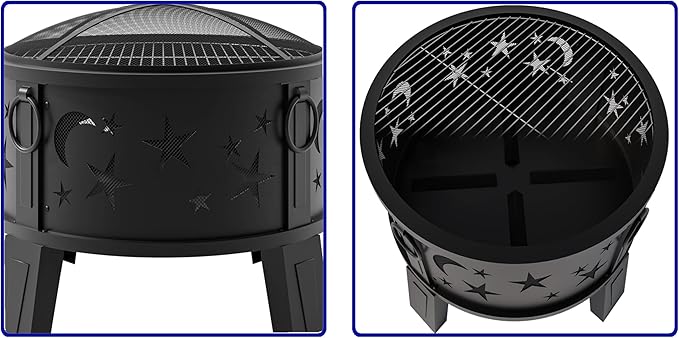 Kingson 26" Outdoor Fire Pit with Grill & Mesh Cover, Wood Burning Steel Firepit with Poker & Star Spark Screen, Heavy Duty Patio Fire Bowl for Backyard, Camping & Garden