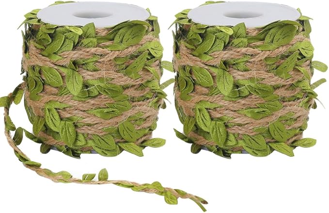 Tenn Well Burlap Leaf Ribbon, 132Feet 5mm Jute Twine Vine with Artificial Leaves for Crafts, Wedding, Jungle Party Decor (2PCS x 66Feet)