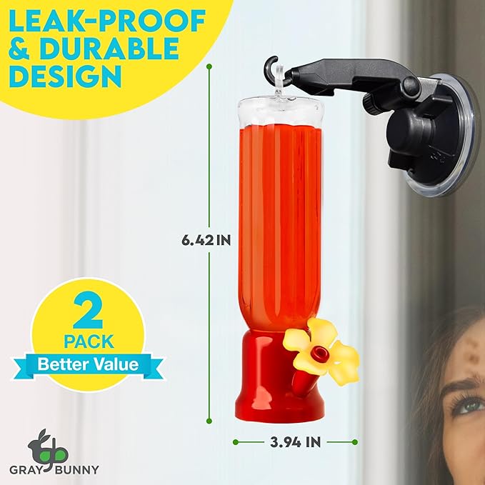 Gray Bunny Window Hummingbird Feeder with Strong Suction Cups Hangers (2 Pack) Small Plastic Humming Birds Feeders for Outside, New Leak-Proof Design, Gifts for Mom, Dad, Bird Lovers