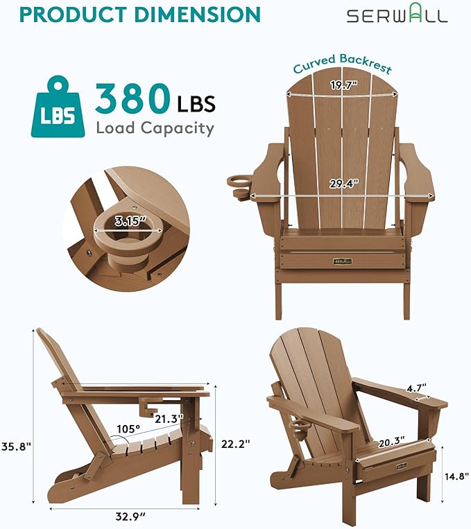 SERWALL Adirondack Chair Set of 8 Folding Adirondack Chairs with Cup Holder for Patio Garden Outdoors Fire Pit- Brown