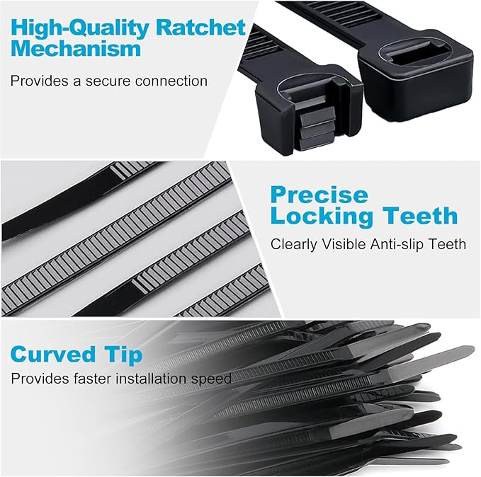 150 Pack Zip Ties 8 Inch Black, 40Lbs Tensile Strength, Premium Nylon Cable Ties, Plastic Zip Ties, For Garage Cable Management, Home, Garden Trellis Ties, Indoor And Outdoor Use