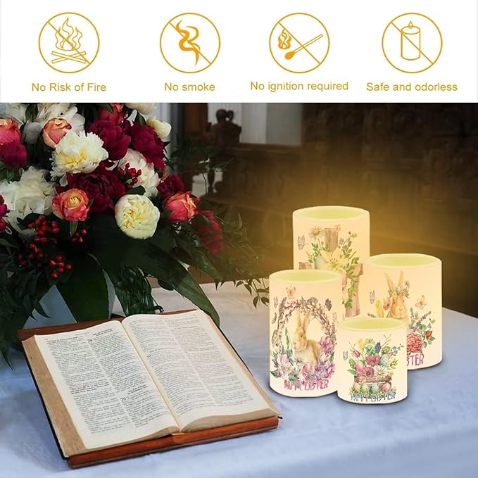 Happy Easter Flameless LED Candles Electric Candles with Remote Timer Colorful Light Control Long Lasting for Easter Day Decorations Pack of 4, Bunny Flower Butterfly Wreath, White