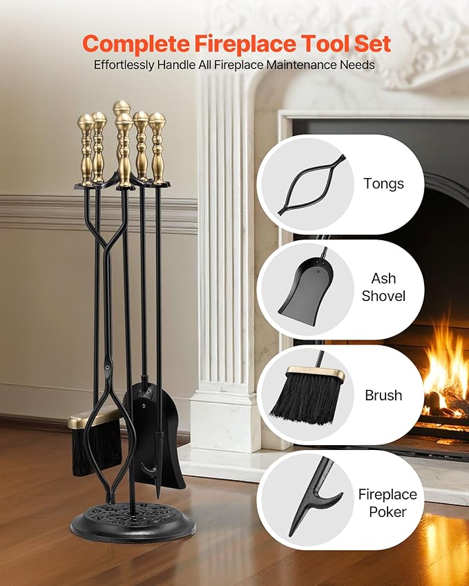 VEVOR Fireplace Tool Set, 5 PCS Fire Tool Set and Holder with Five-Prong Stand, Tongs, Ash Shovel, Brush, Fire Place Poker, Wrought Iron Fireplace Accessories for Indoor/Outdoor, Black & Brass