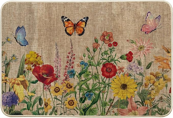 Artoid Mode Wood Flowers Butterfly Spring Doormat, Home Summer Decor Low-Profile Switch Rug Door Mat Floor Mat for Indoor Outdoor 24x35 Inch