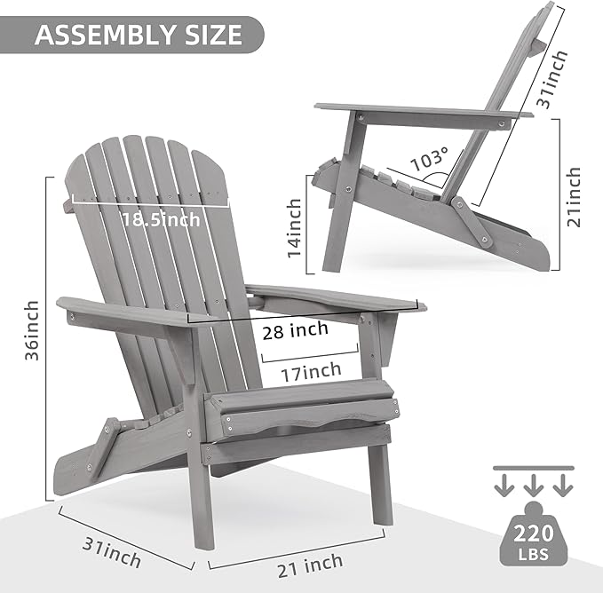 SoliWood Outdoor Wooden Folding Adirondack Chair Set of 4 with Pre-Assembled BackRest, Wood Patio Chair for Garden Backyard Porch Pool Deck Firepit
