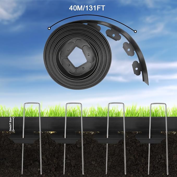 131FT Landscape Edging, 3IN Tall Garden Edging Border, Plastic Lawn Edging Kit with 200pcs Metal Spikes, Tool-Free Flexible Edging for Landscaping, Flowerbeds, Yard, Paving Edging, Pathway
