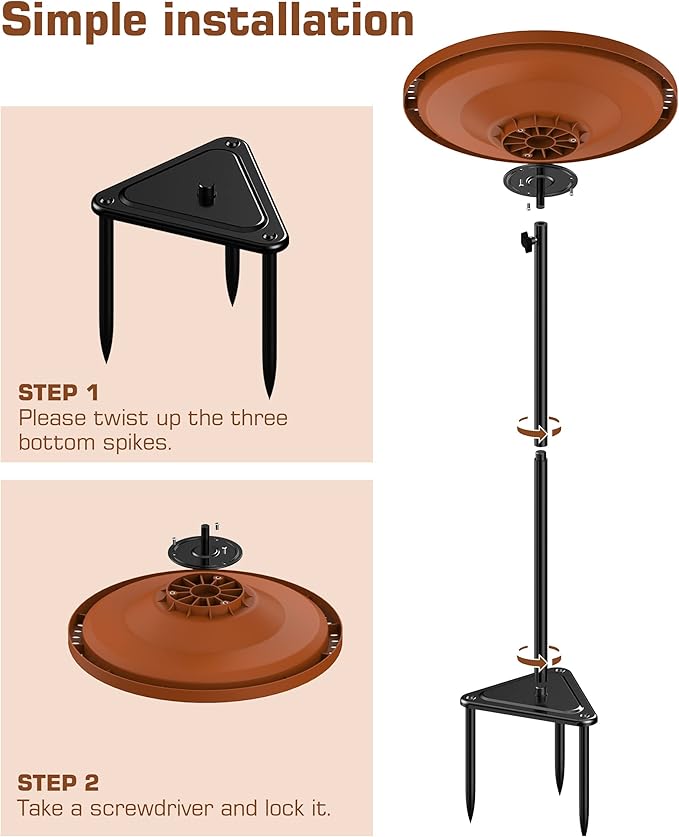 Bird Baths for Outdoors, Detachable Birdbaths for The Garden Clearance, Freestanding Bird Baths for Outdoors Heavy Duty, Bird Bath Bowl Spa & Birdfeeder with Metal Stake Stand, Circle Shape (Brown)