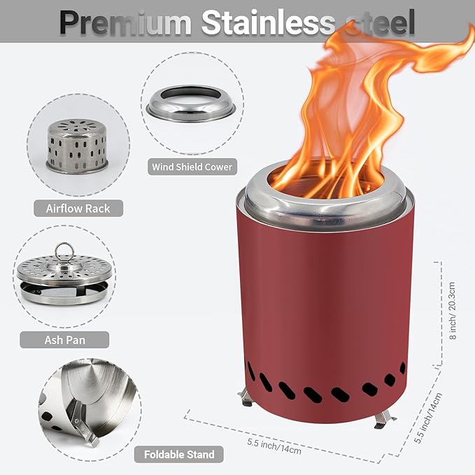 5.5 Inch Tabletop Stainless Steel Fire Pit Outdoor Camping Stove Multi-Color Low Smokeless Table Top Firewood Stove for Outside Portable Mini Outdoor Fire Pit for Camping Trips (Red)