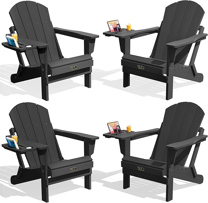 SERWALL Folding Adirondack Chair Set of 4, Outdoor Adirondack Chairs with 4 in 1 Cup Holder, Wood Texture Patio Chairs, Weather Resistant Fire Pit Chairs for Patio Deck Garden, Backyard Deck - Black