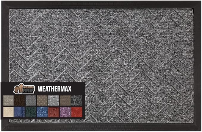 GORILLA GRIP 100% Waterproof All-Season WeatherMax Doormat, 72x24, Durable Natural Rubber, Stain and Fade Resistant, Low Profile, Indoor Outdoor Door Mats, Easy Clean Patio Entrance Mat, Steel Chevron