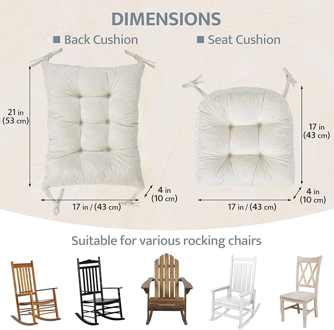 mudilun Rocking Chair Cushion Set - Non-Slip Tufted Rocking Chair Cushions with Ties Soft Indoor/Outdoor Wooden Rocking Chair Seat Pad for Porch Garden Cafe & Nursing