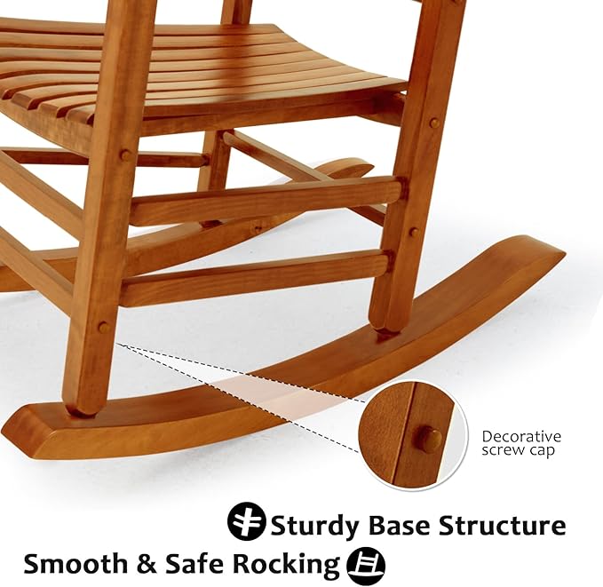 Wooden Oversized Porch Rocker Chair with High Back and Armrest, All Weather Slatted Rocker for Backyard, Garden, 400 lbs Support, Natural