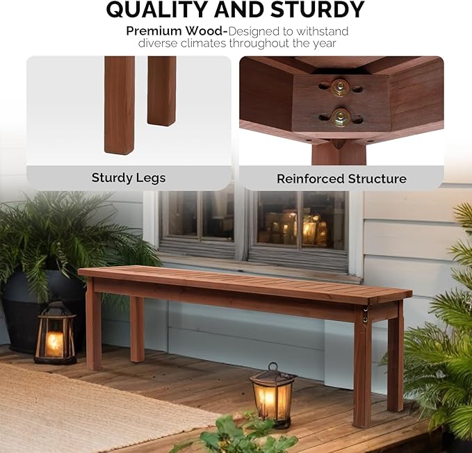 VINGLI Outdoor Wooden Bench, 45” 2-Person Backless Dining Bench, Weatherproof Outdoor Patio Bench for Porch Entryway Garden (2, Brown)