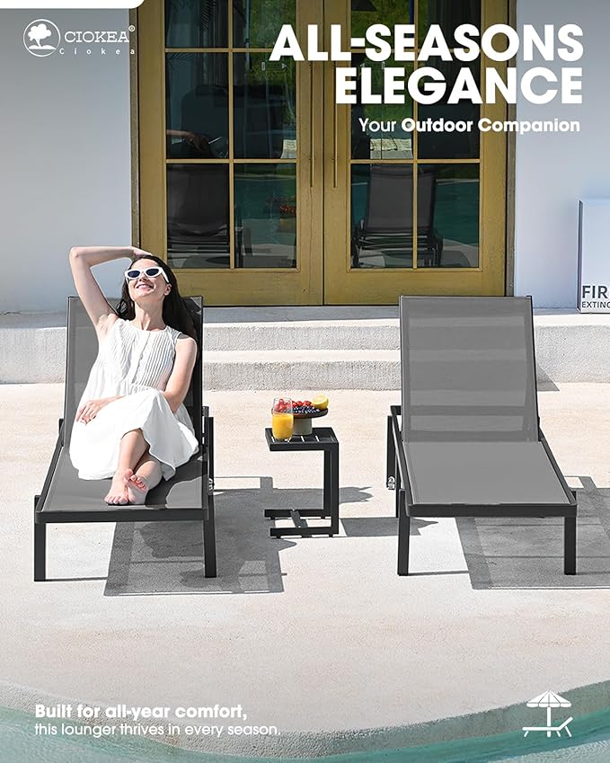 Ciokea Aluminum Chaise Lounge Chair Outdoor with Wheels, Patio Lounge Chair with Adjustable 5-Position Recliner and Full Flat Tanning Chair for Patio, Beach, Pool, Grey