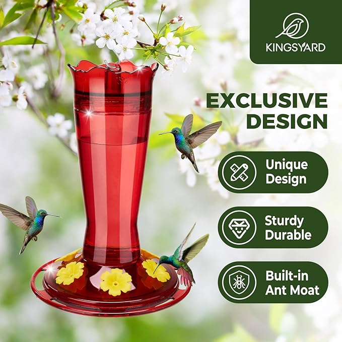 Kingsyard 2 Pack Glass Hummingbird Feeder for Outdoors Hanging - 6 Bee Guard Feeding Ports & Built-in Ant Moat, Wild Bird Feeder for Outside Garden Yard Patio 14 Oz, Red