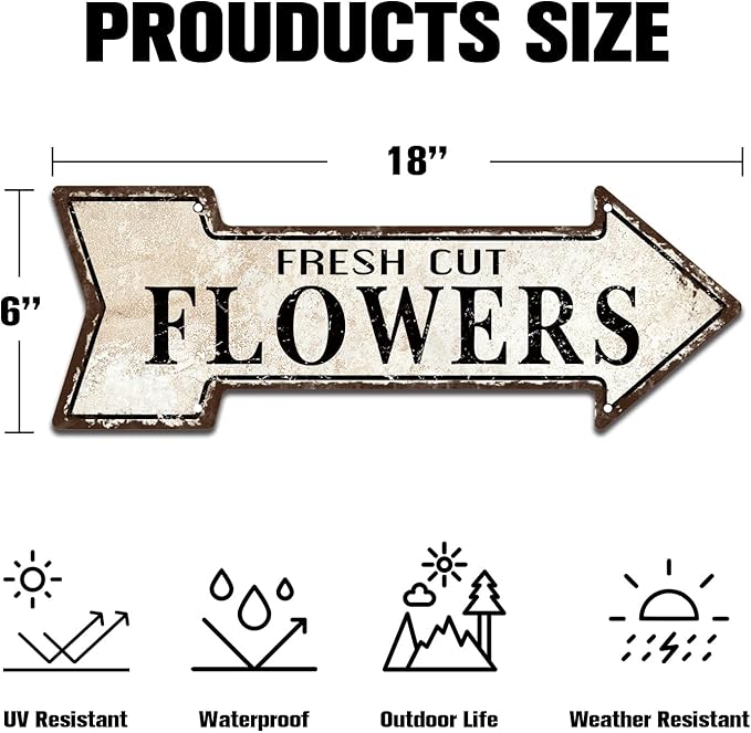 Mukuko Fresh Cut Flowers Metal Signs, Garden Flowers Gift Vintage Look Rustic Arrow Tin Sign Retro 6" x 18"