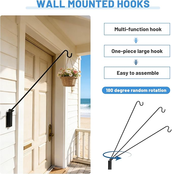 ERYTLLY Extended Reach Deck Hook Wall Pole Wall Mounted, Extensible and Adjustable 28 inch to 43 inch Bracket for Hanging Bird Feeder,Plants,Wind Chimes,Lanterns