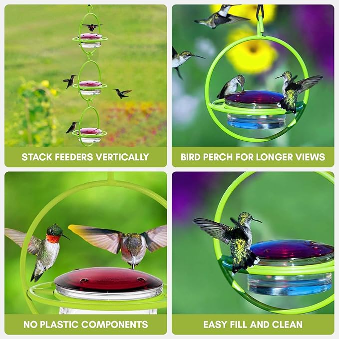 Hummingbird Feeder for Outdoors Hanging, 3.4 OZ Hummingbird Feeders, Glass Bowl with 4 Feeding Ports, Leak Proof Lid & Circular Perch, Bird Feeder (3, Lime)