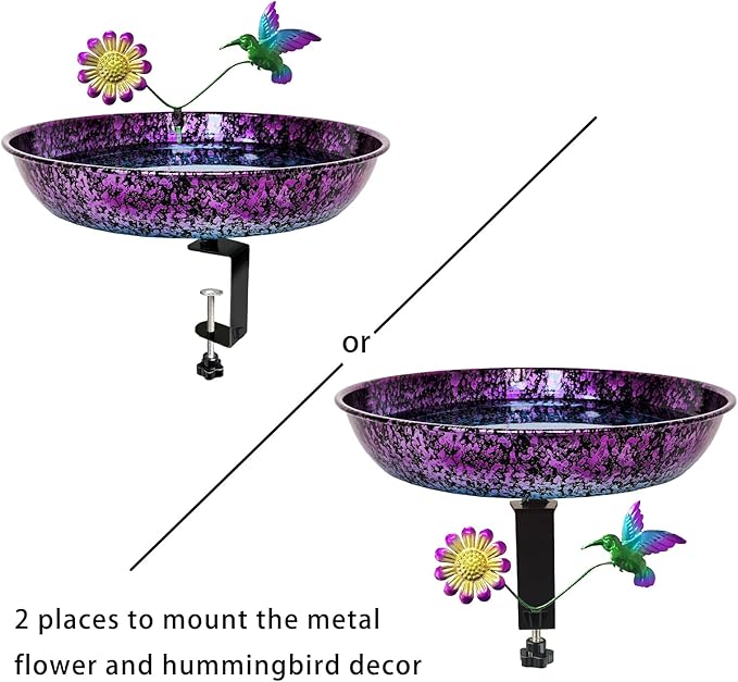 Deck Bird Bath for Outdoors, 11 Inch Colorful Purple/Blue Metal Birdbath Bowl Adjustable Steel Clamp Mounted Garden Bird Bath Feeder for Railing Balcony Outdoor Decor Yard Art