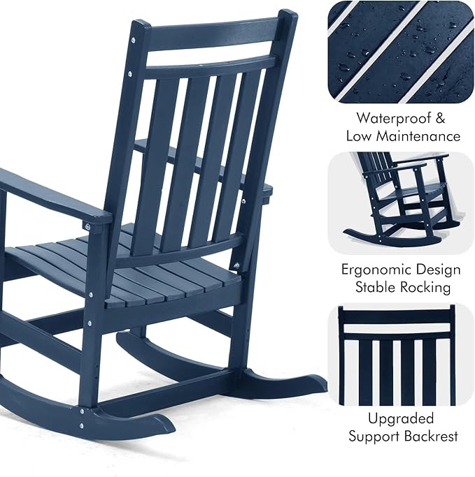 Oversized Outdoor Rocking Chairs Set of 2,All Weather Rocker Chair with More Comfortable Seat Panel for Porch Patio Outside(Navy Blue)