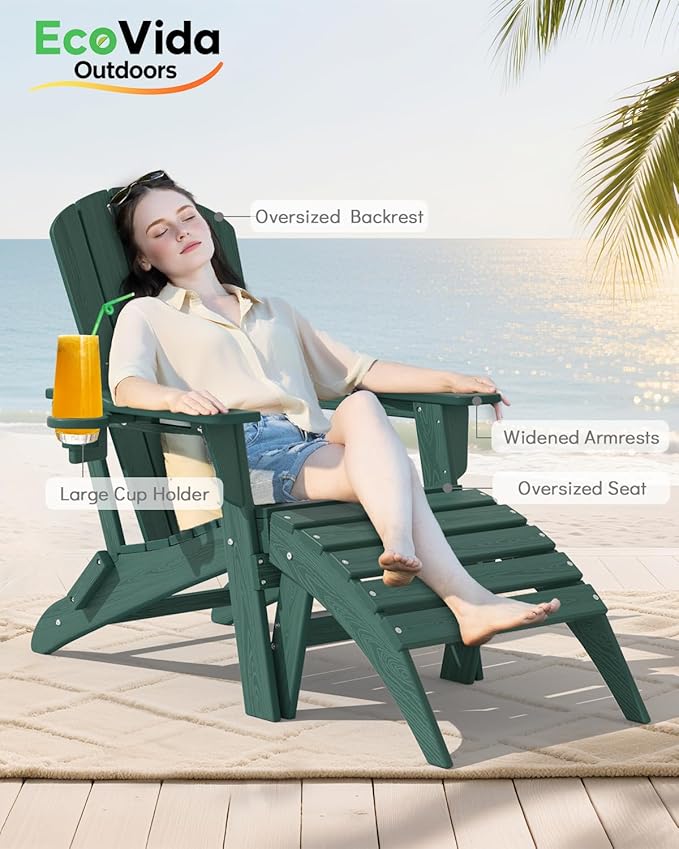 Oversized Folding Adirondack Chair - HDPE All-Weather Outdoor Chair with Cup Holder, 380LB Weight Capacity, UV Protected, Green