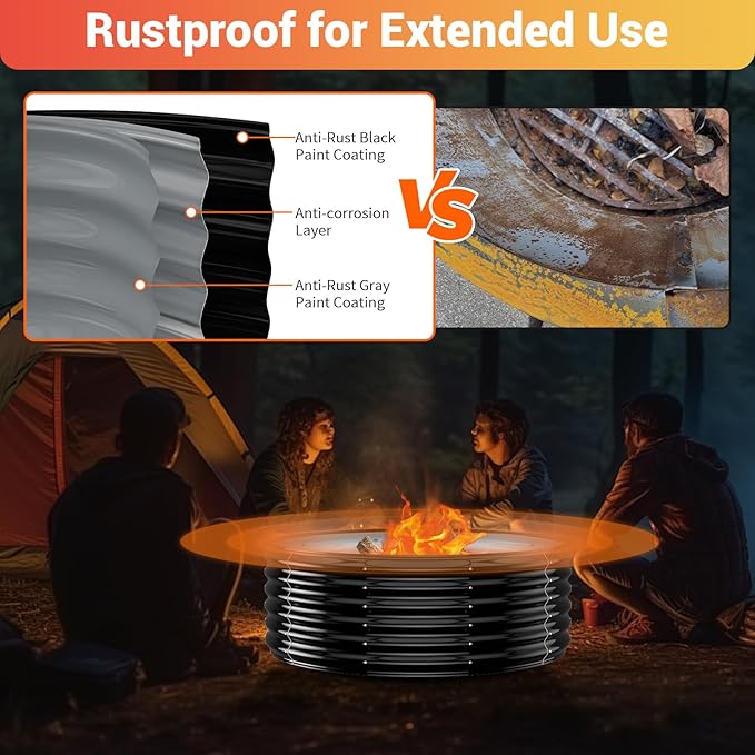 39 Inch Fire Pit Ring for Outside, 17'' Tall Firepit &Outdoor Fireplace Wood Burning,Heavy Duty Galvanized Steel Fire Bowls Portable for Backyard Bonfire,Patio,Camping,Round