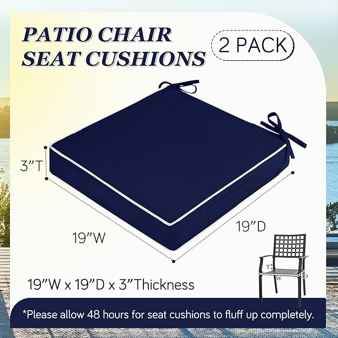 Waterproof Outdoor Chair Cushions Set of 2, Square Outdoor Seat Cushions with Ties and Removable Covers, 19 x 19 Outdoor Cushions for Patio Furniture with Portable Handle(Navy/White)
