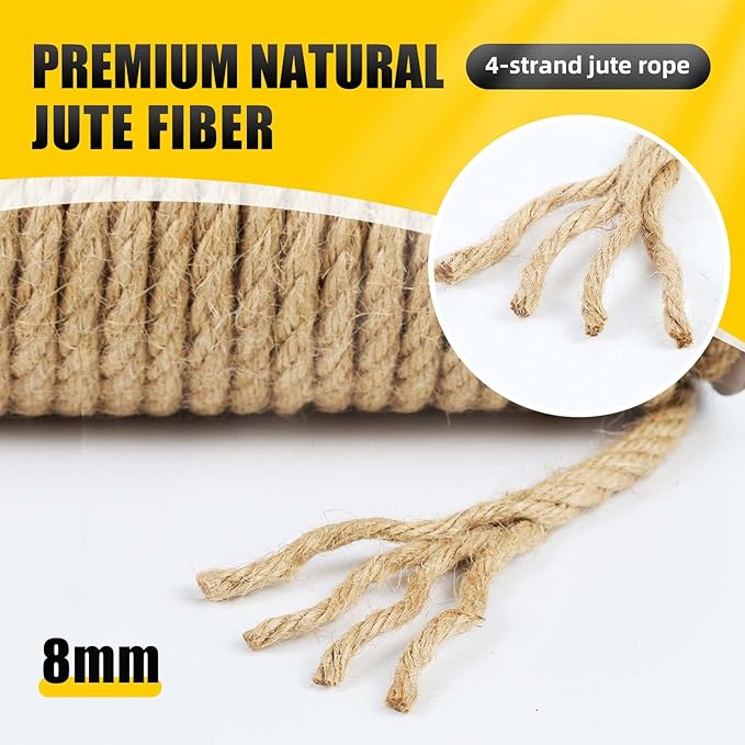 Natural Jute Twine, 8MM x 100FT Jute Rope Roll, Heavy Duty Thick Twine for Cat Scratching Post, Bundling, Gardening and DIY Crafts