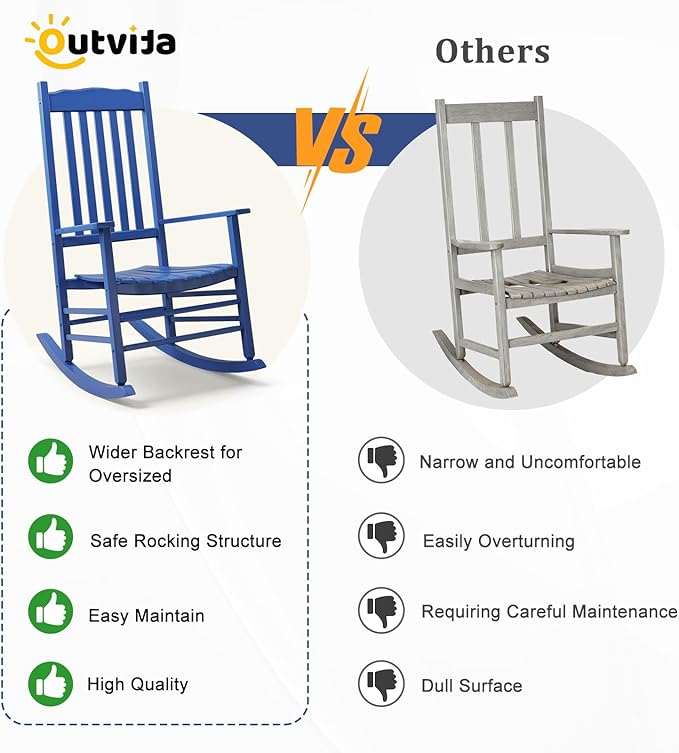 Outvita Outdoor Rocking Chair, Solid Wood High Back Rocker, All Weather Lounge Chair for Porch Patio Fire Pit Garden Backyard Deck Indoor, Wave Shape, Blue