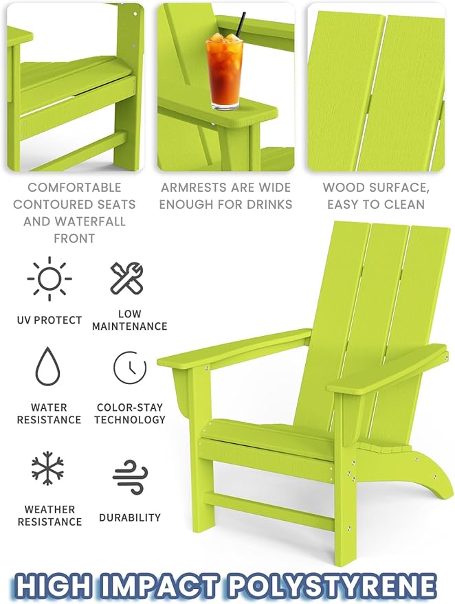 Modern Adirondack Chair, HDPE Plastic Patio Chairs for All Weather, Fire Pit Chair, Outdoor Lawn Chairs for Deck, Porch, Backyard, Garden, Lime