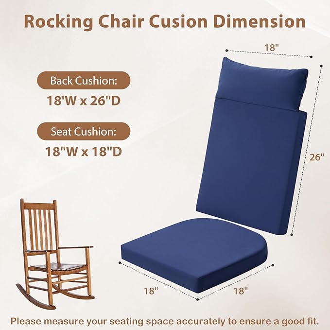 Waterproof Rocking Chair Cushions Outdoor & Indoor, Wooden Rocking Chair Pads set of 2, Non-Slip Large Glider Rocker Replacement Cushions with Pillow & Ties,Seat & Back Cushion for Rocker Blue