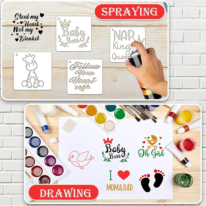 64 Pieces Small Onesie Stencils for Baby Shower, 3 Inch Reusable Baby Bib Stencil for Painting, Cute Animal Clothes T Shirts Template Kit for Fabric Canvas Craft DIY Home Decor(Baby Show)