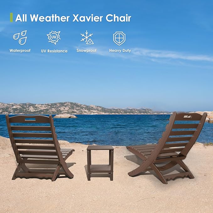 GREENVINES Folding-Xavier-Chairs Set of 2 | Wave | Wood Grain | Dark Brown | Portable Adirondack-Chair | HDPE Plastic | All Weather Fire-Pit Chair | for Beach Outdoor Deck Poolside Garden Patio