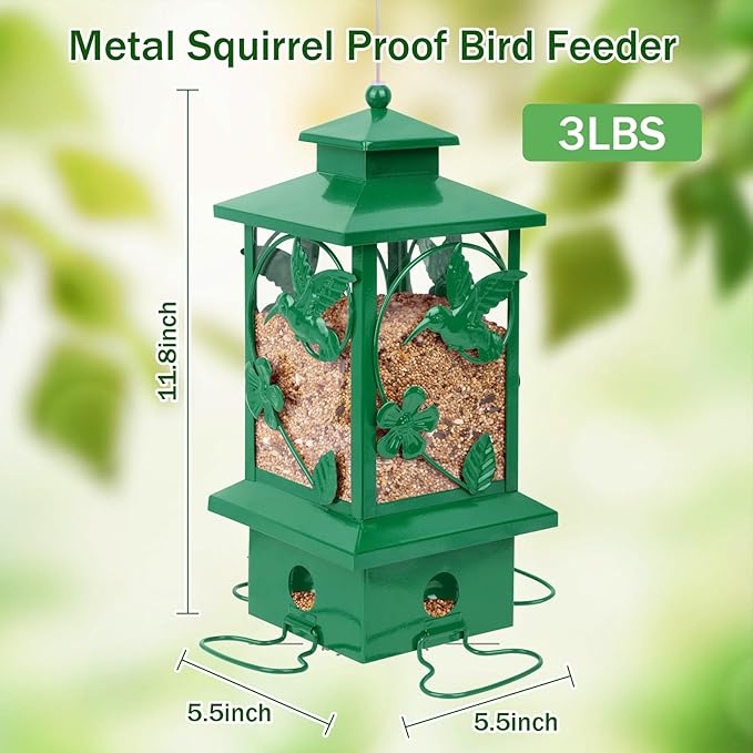 Bird Feeders for Outdoors Hanging, Metal Squirrel Proof Bird Feeder, Large Capacity and Weatherproof, Easy to Clean and Fill, Attracting Finch, Cardinal, Blue Jay; Green