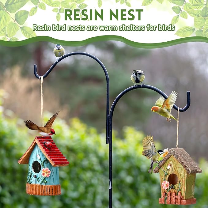 2 Pack Bird Houses for Outside Decorative Birdhouse for Outdoor Hanging Cute Resin Birdhouses with Hemp Rope Nesting Flower Hanging Birdhouse Gift Bird Lover Garden Decorations Water Proof